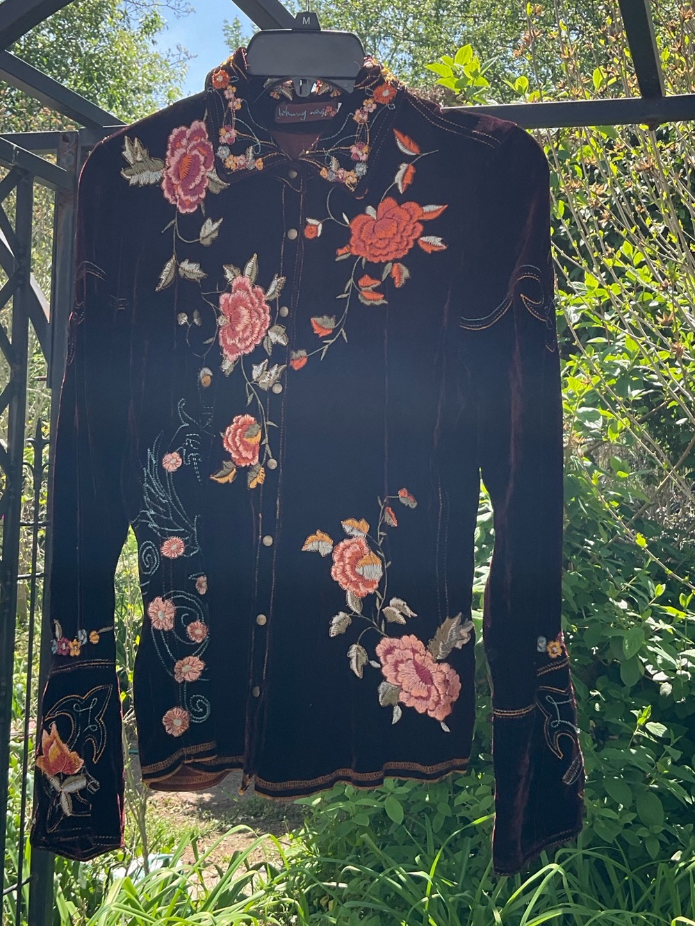 Johnny Was Black Velvet Button-Down Shirt with Pink & Orange Floral Embroidery